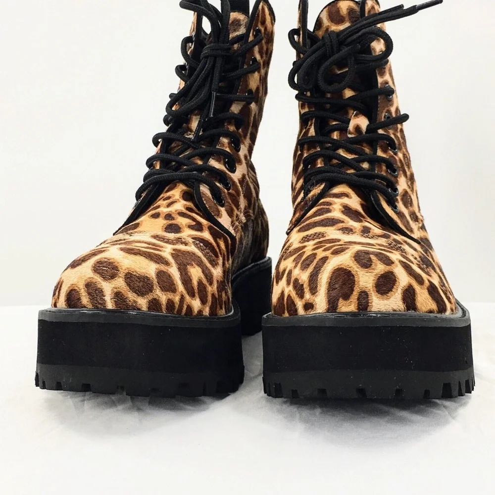 Farylrobin Womens Combat Boot Brown Calf Hair Leopard Print Platform Boot Sz 10 - Picture 2 of 11